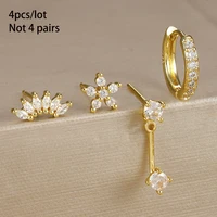 4PCS Stainless Steel Circle Huggie Hoop Earrings Set for Women Gold Color Unique Zircon Flower Stud Earring Piercing Jewelry - Image 4