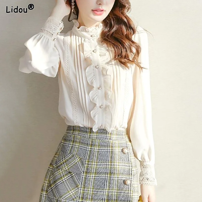 Sweet Tops Blouses Intellectual Temperament Ruffled Solid Button Fashion Women's Clothing Thin Spring Autumn Loose Office Lady 2023 women s clothing new fashion casual loose office lady notched temperament button solid color dignified intellectual blazers