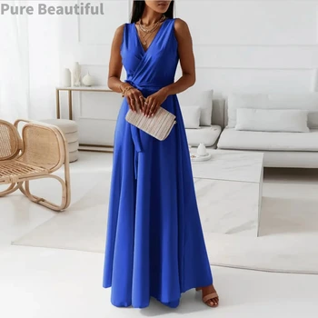 Women's Elegant Solid long dresses Casual Sleeveless High Waist Sexy Evening Formal dresses Fit And Flare Dresses For Women