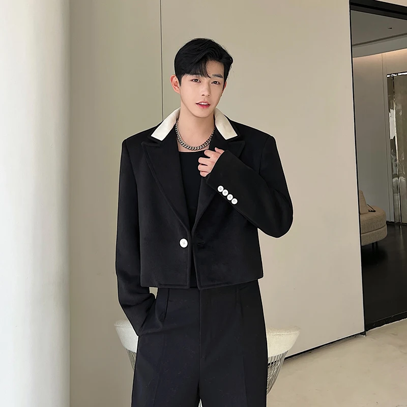 SYUHGFA 남성용 한국 계약 컬러 라펠 모직 재킷, 루즈 숏 코트, 2024 가을 겨울 두꺼운 모직 재킷