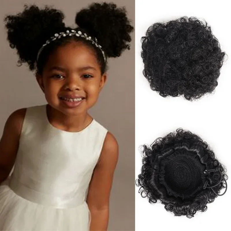Kids Human hair 4Inch Afro Puff Drawstring Ponytail for Girls Black Women Small Size Hair Bun Kinky Curly Hair bun