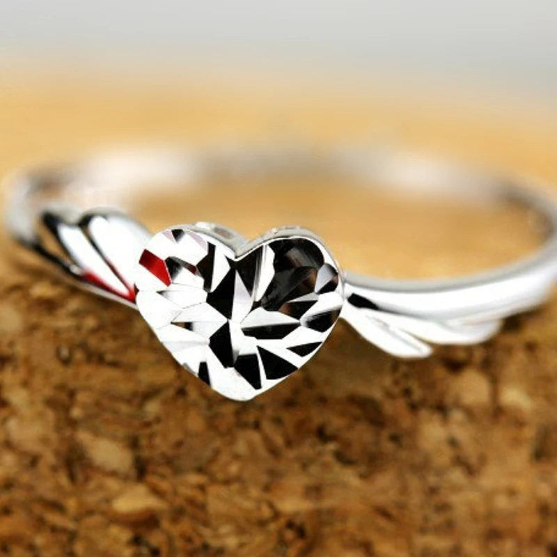 

Pure Platinum 950 Ring Diamond-facet Angel Wing Loving Heart Women's Ring US Size 5-9 Adjustable