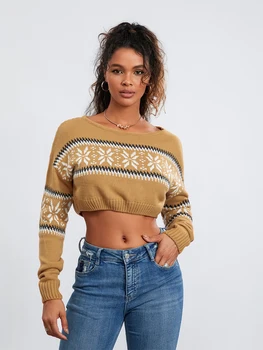 Women Cute Cropped Sweaters Casual Print Warm Long Sleeve Pullover Basic Knitwear for Fall Streetwear 5