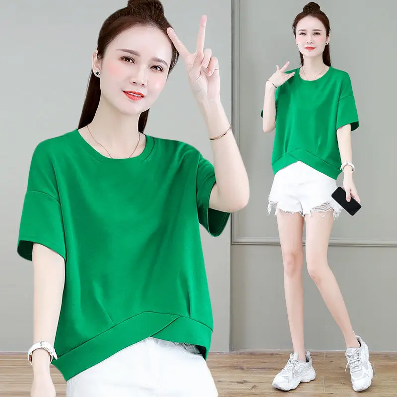 

Женская Асимметричная футболка с коротким рукавом, однотонная Повседневная футболка с круглым вырезом, модель L82 на лето, 2024