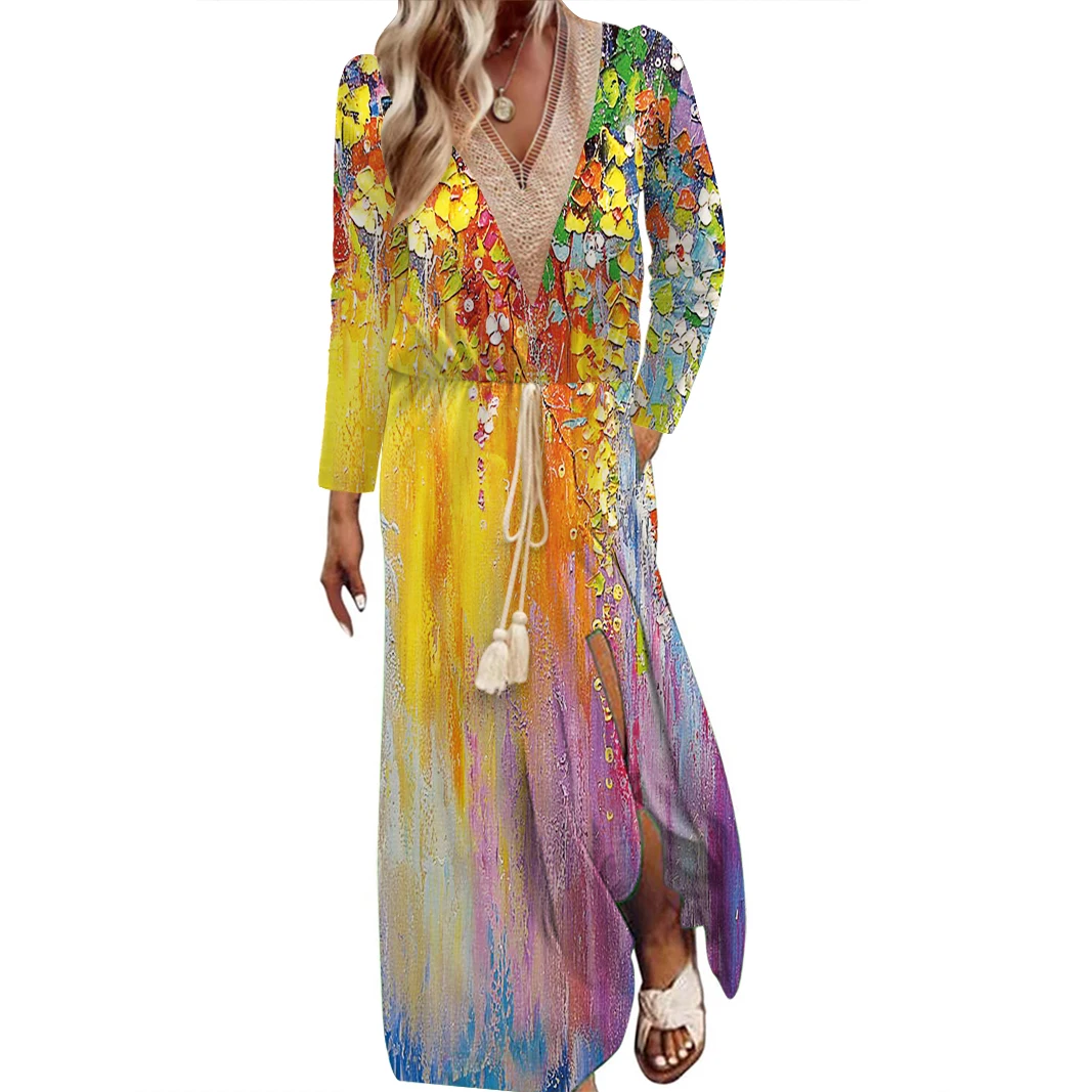 

Fashion Women's Spring And Autumn Diamond Print Long Sleeve Lace Waist Dress Elegant Women's V-neck Lace Pocket Long Dresses 5XL