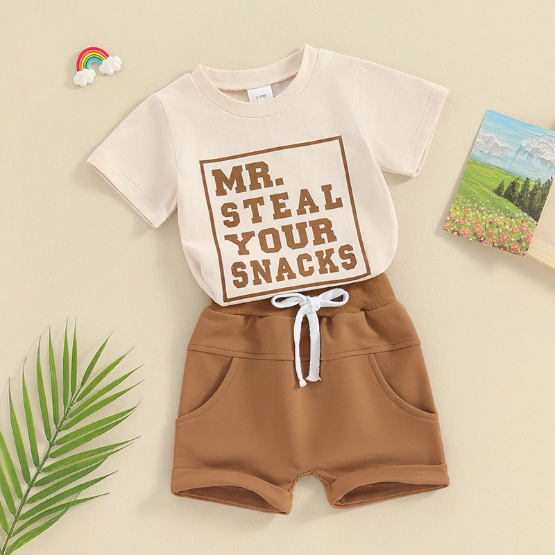 FOCUSNORM 0-3Y Toddler Baby Boys Summer Clothes Sets 2pcs Short Sleeve Letter Print Tops + Elastic Waist Shorts