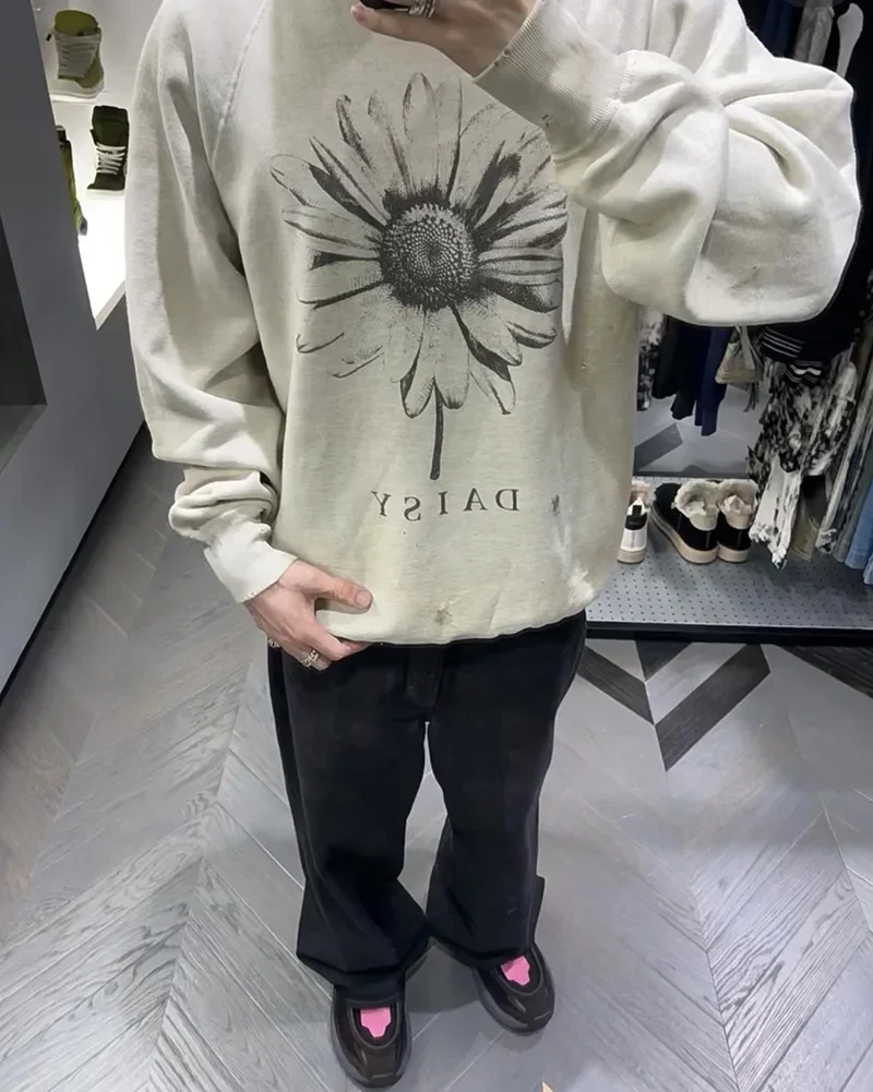 Saint High Quality Round Neck Loose Pullover Daisy Print Harajuku Vintage Sweater Men's Clothing Couple Hip Hop Top