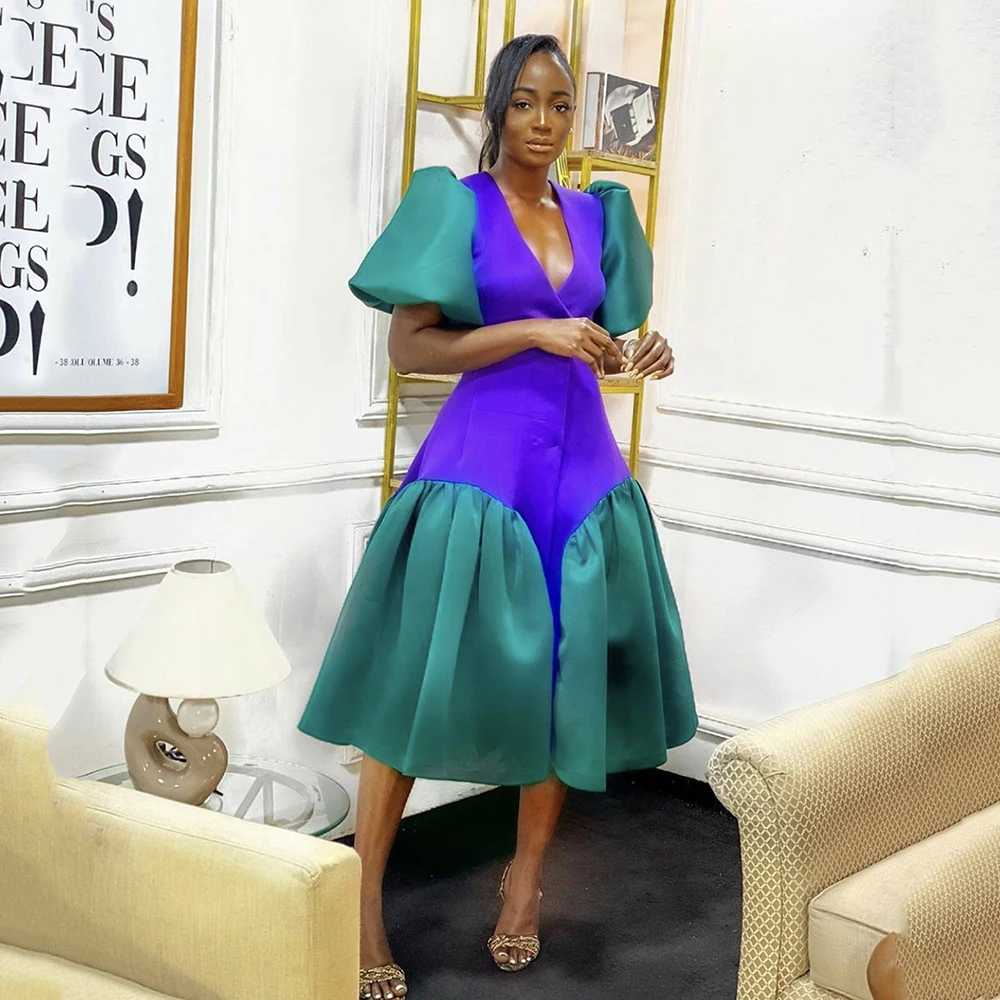 

Msikoods Prom Gowns Satin V Neck A-Line Evening Dresses Tea Length Saudi Arabic Dubai Prom Dress Elegant For Women 2023
