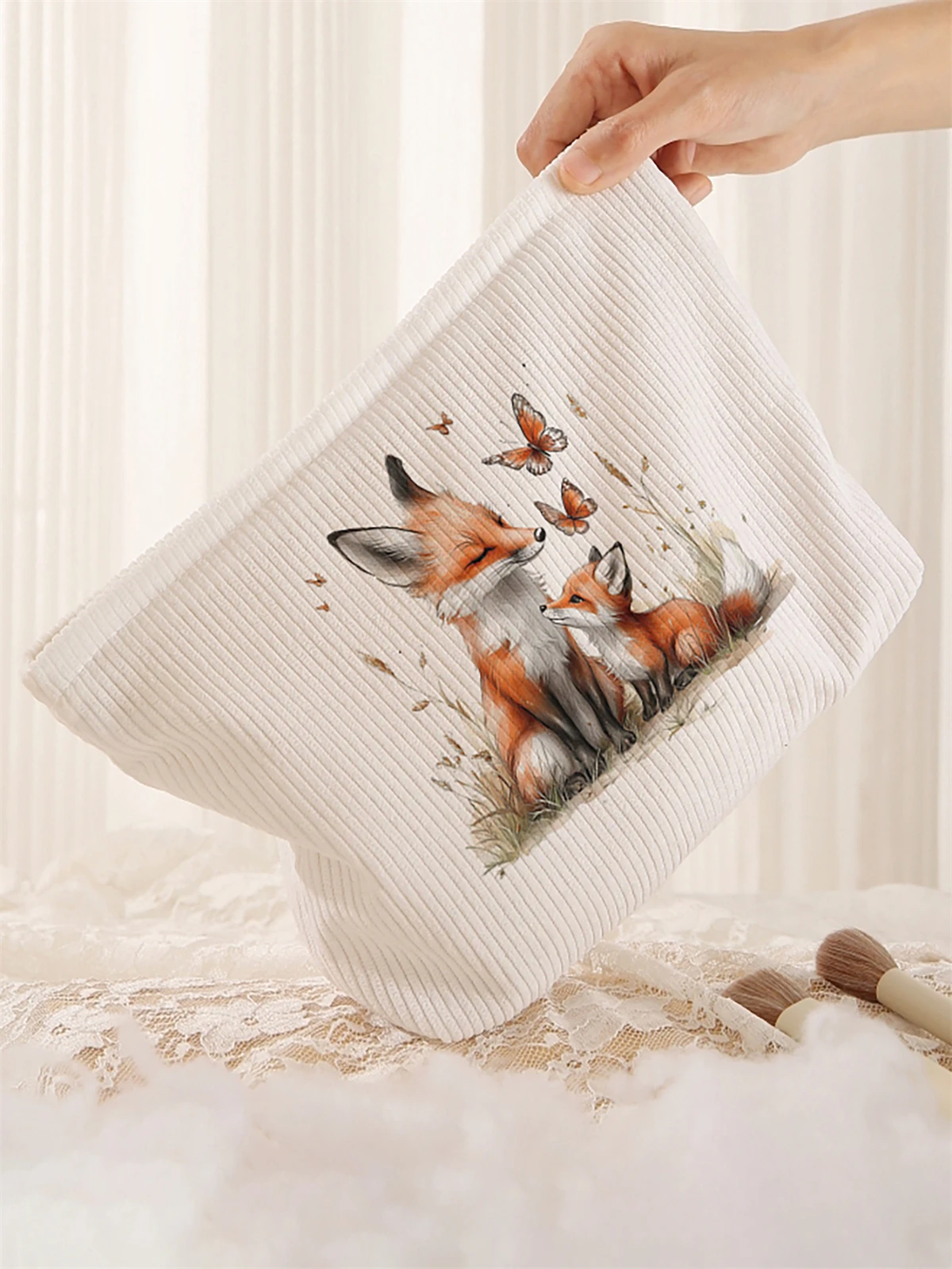 1pc fox print corduroy makeup bag, lightweight zipper makeup storage box, multifunctional bag with lining