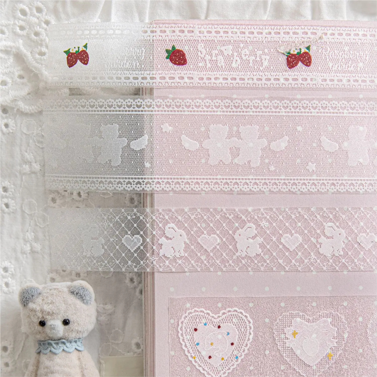 수제 레이스 시리즈 빈티지 레이스 딸기 케이크 풍경 PET 테이프 창의적인 DIY 저널 재료 콜라주 문구류