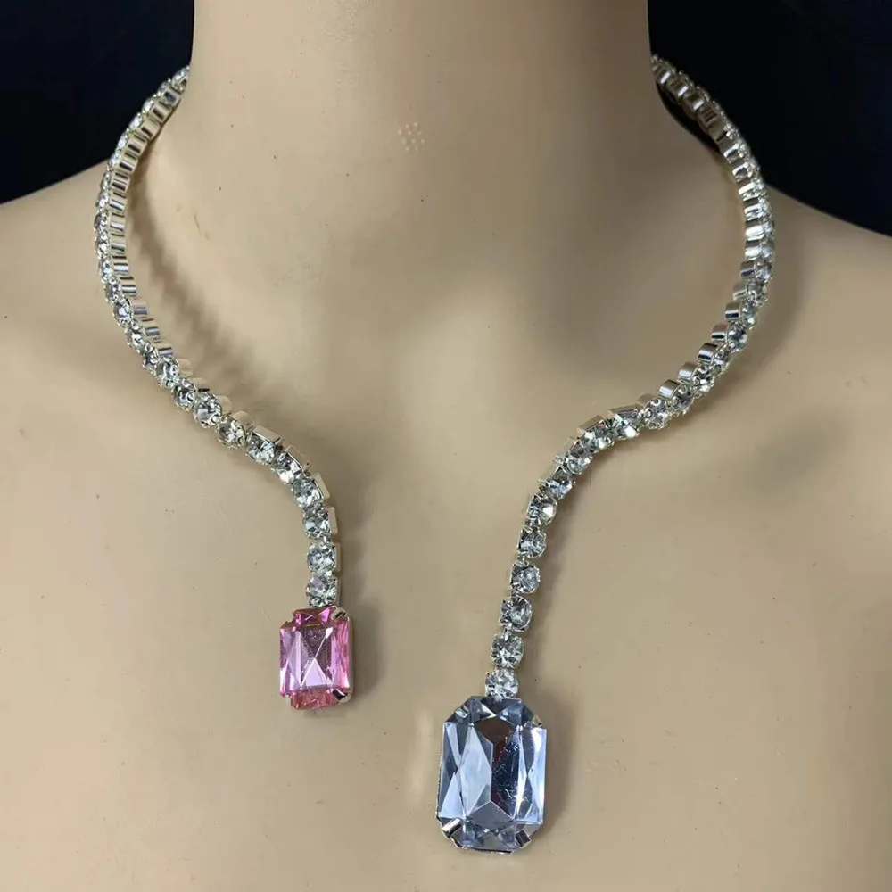 Double Big Crystal Pendant Cuff Collar Necklace Torques Shiny Rhinestone Open Choker Necklace for Women Wedding Jewelry,metal choker necklace,velvet choker necklaces