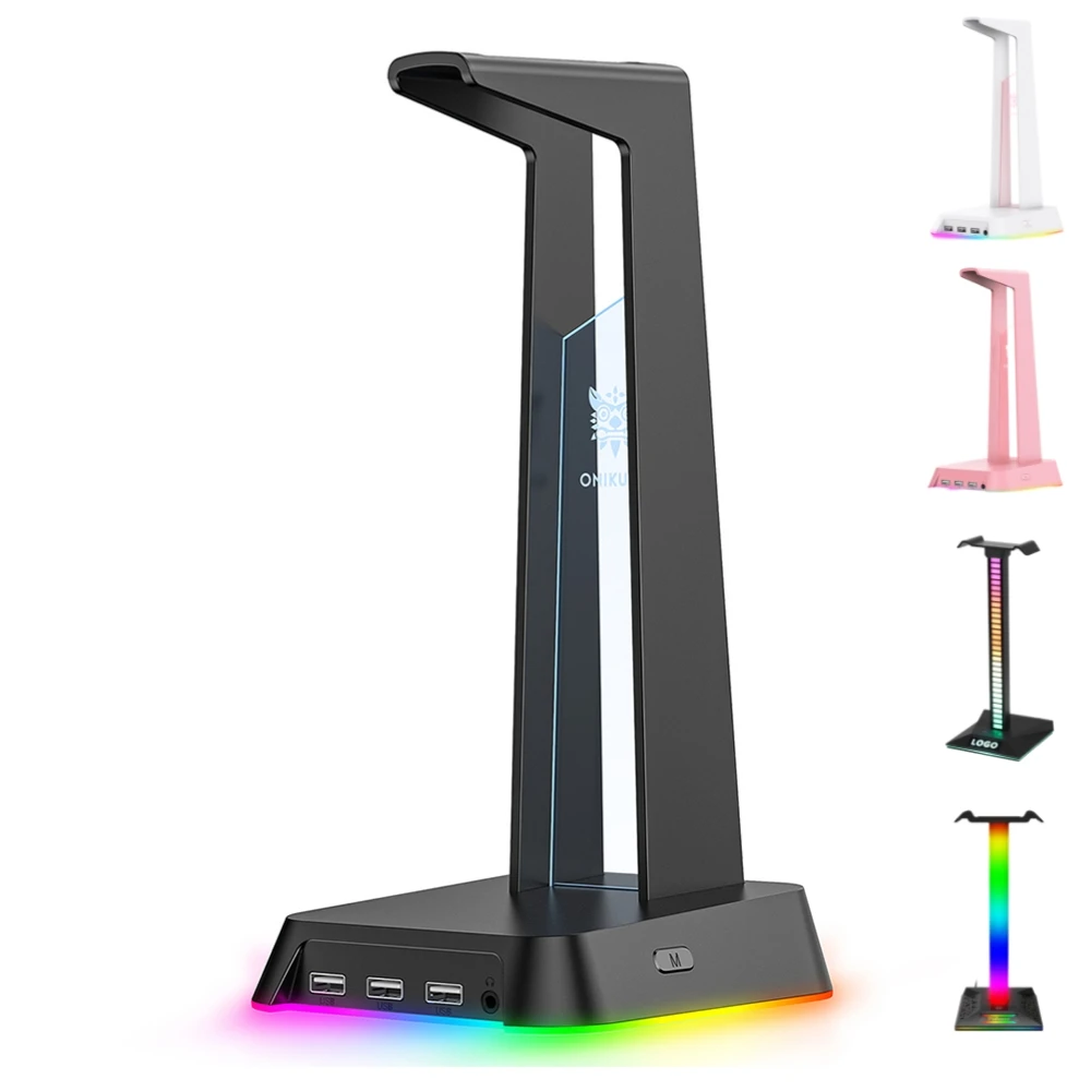 ONIKUMA-Soporte de auriculares ST2 RGB para juegos, soporte de pantalla de escritorio, logotipo luminoso con 3 puertos USB y AUX de 3,5mm