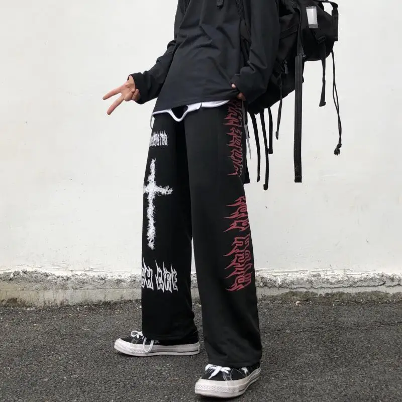 INS Wide Leg Pants Harajuku Style Creative Japanese Style Explosive Street Dark Cross Graffiti Straight Tube Wide Leg Guard Pant