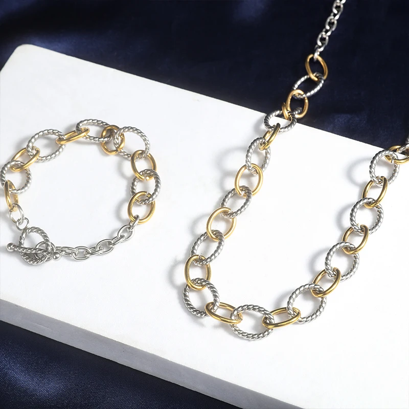 

Stainless Steel Oval Bracelet Necklace Set Punk Pop Braided Wire Rope Twisted Bracelet Cable Wire Chain