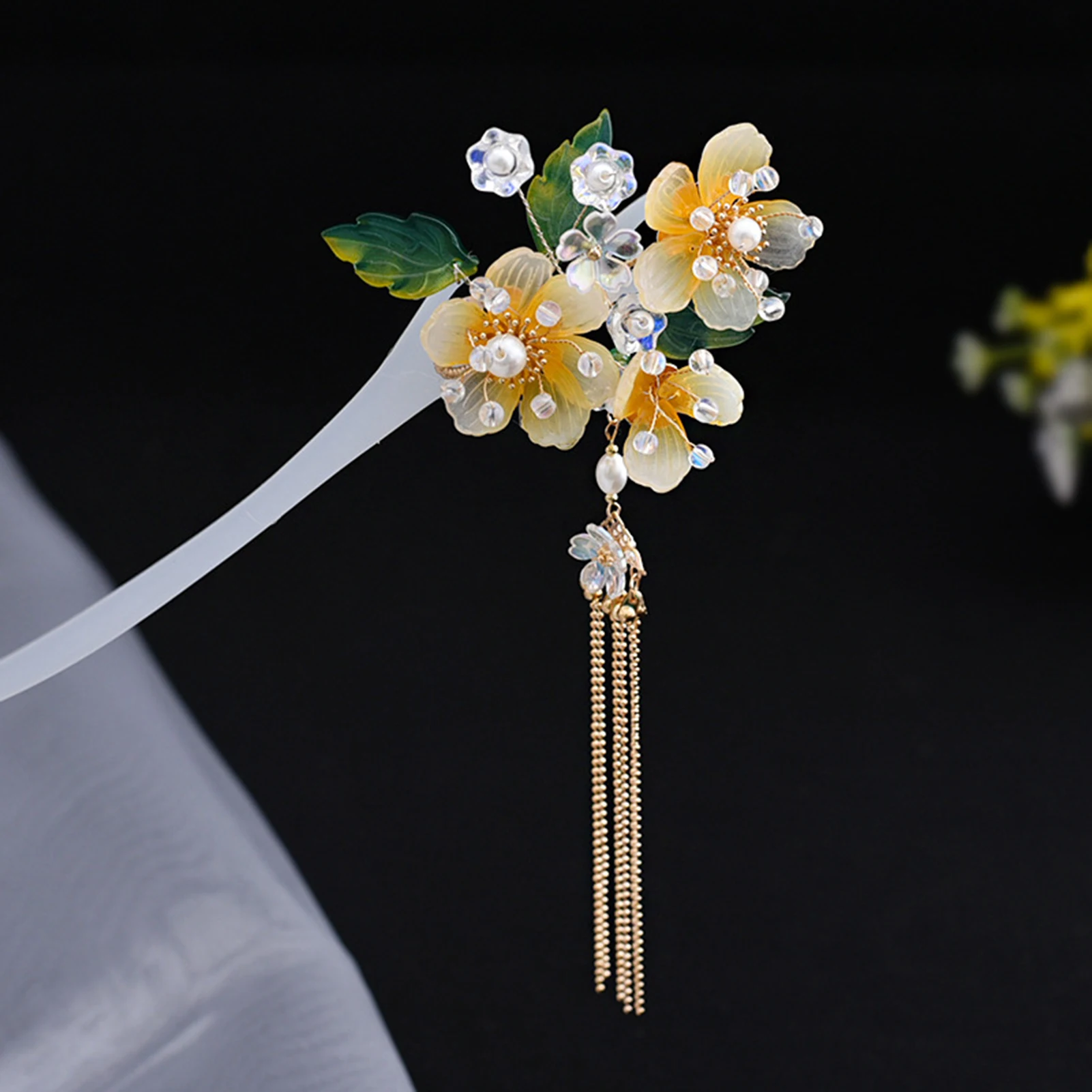 

Pearl Hairpin Chinese Hair Stick Yellow Floral Beaded Hair Clasp Headpiece For Women Vintage Girl Hanfu Prom Tiaras Hair Jewelry