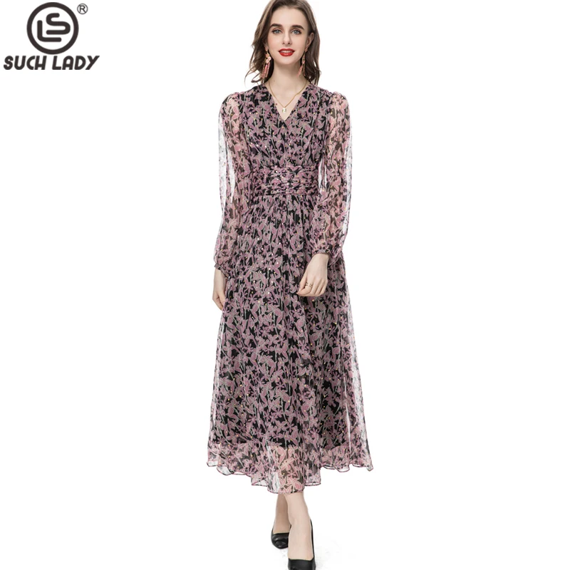 

Women's Runway Dresses V Neck Long Sleeves Printed Layered Elegant High Street Casual Mid Vestidos