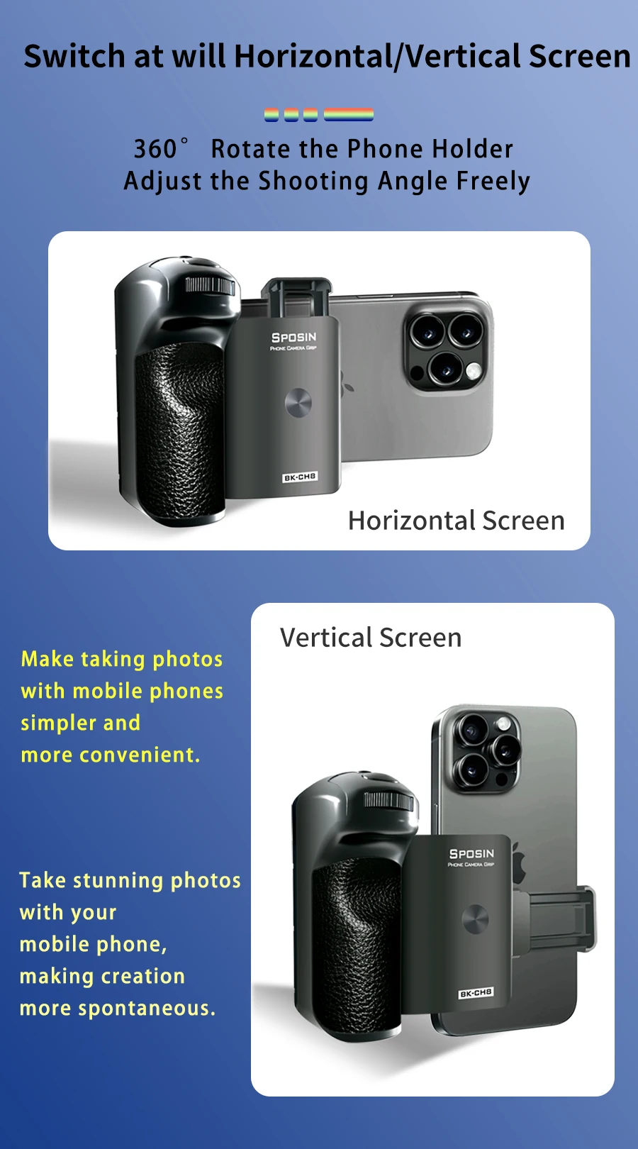 BK-CH8 Stepless Zoom for Iphone Android Phone Selfie Booster Handle Grip, Blueto