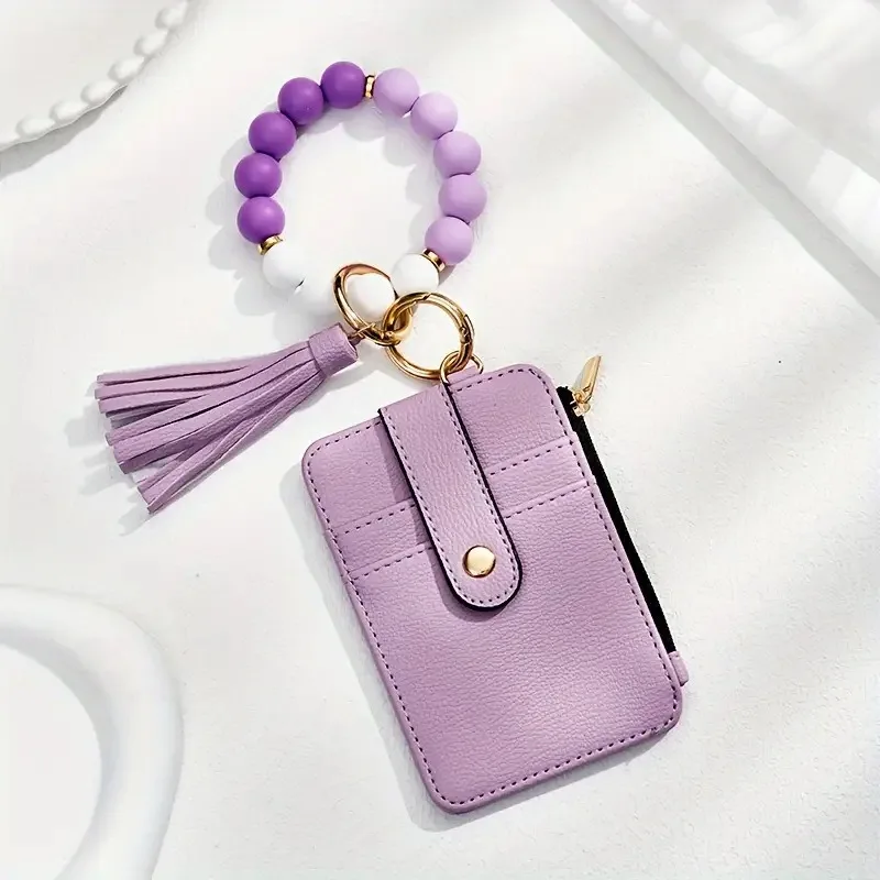 Creative Key Ring Bangle Purse Designer Leopard Leather Card Holder Silicone Beaded Credit Cards Women Keychain Wallet