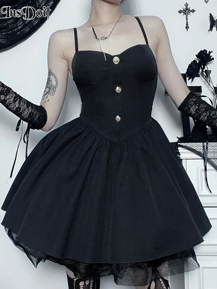 

InsDoit Gothic Mall Corsets Black A Line Mini Dress Retro Women Cami High Street Birthday Party Elegant Sexy Fairy Grunge Dress