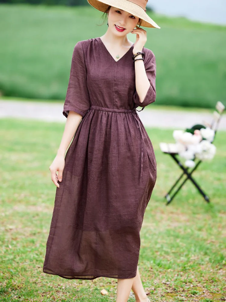 2025 Summer Solid Color V-Neck Drawstring Dresses Women Casual Elegant Long Dress Office Lady Work Vestidos Fashion Clothing