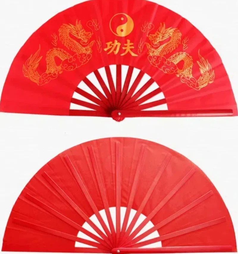 Folding fan Kung fu fan hand fan Chinese Tai Chi fan bamboo ribs double dragon kung fu fold ring fan classical red performance martial arts fitness dancing fans
