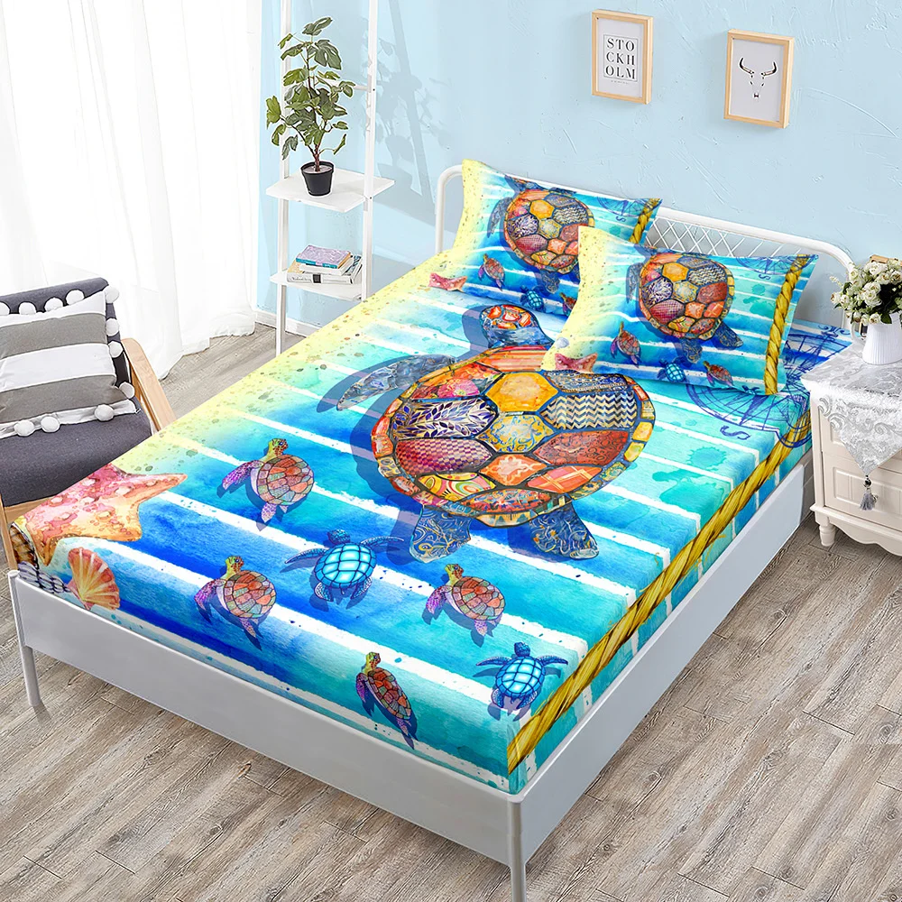 Ocean World Turtle Fitted Sheet Bed Mattress Protector Fashion Bedding Elastic Bed Sheets Kids Twin Full Queen King Bed Cover 2