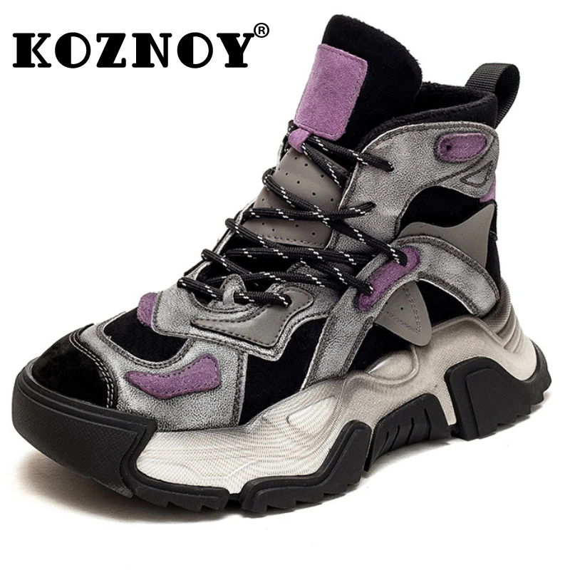 

Koznoy 5CM Genuine Leather Women 2024 Platform Wedge Autumn Winter Fashion Thick Bottom Plush Warm Causal Spring Sneakers Shoes