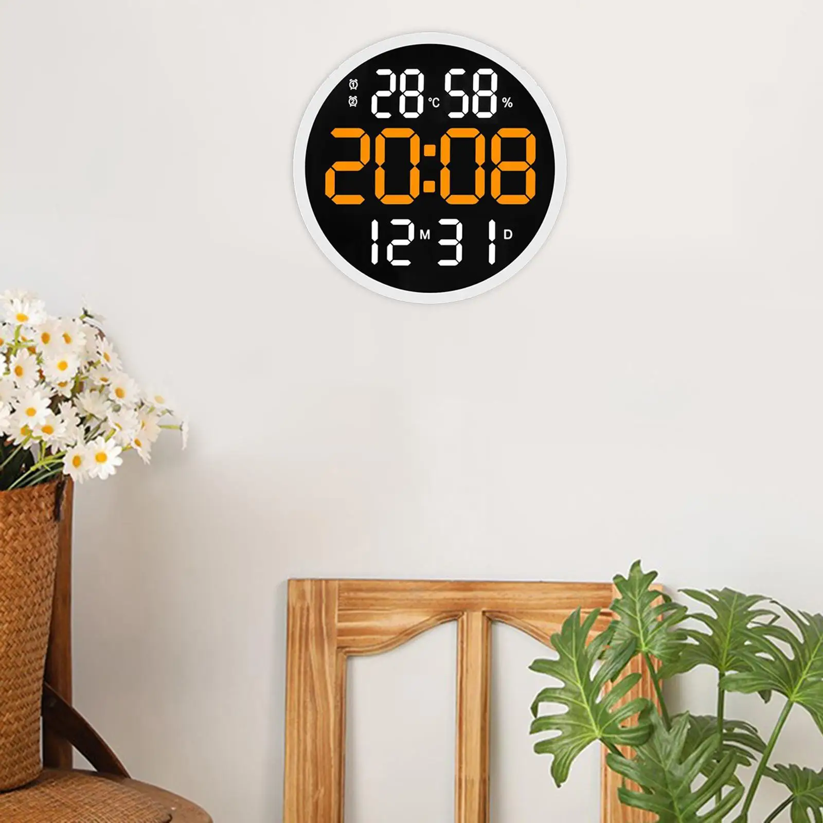 Round 12 inch Digital Wall Clock Adjustable Brightness Large Display 12/24H LED Alarms Clock for Restaurant kitchen Bedroom
