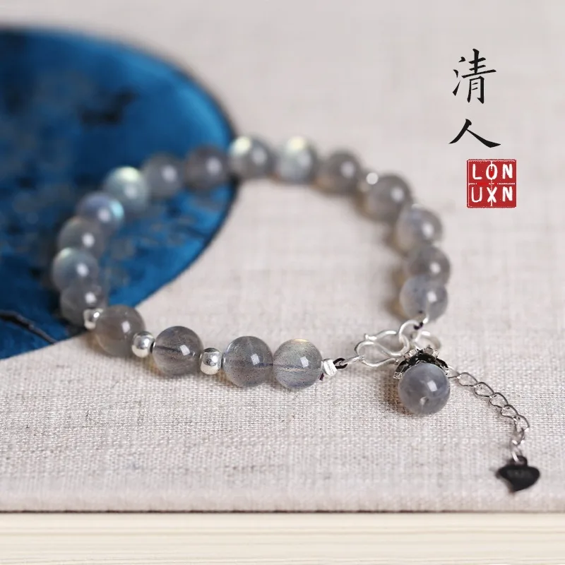 

High Quality Natural Labradorite Stone Round Beads Lucky Bracelet Fine Jewelry Handmade Moonstone Bracelets Tassels Women Gift
