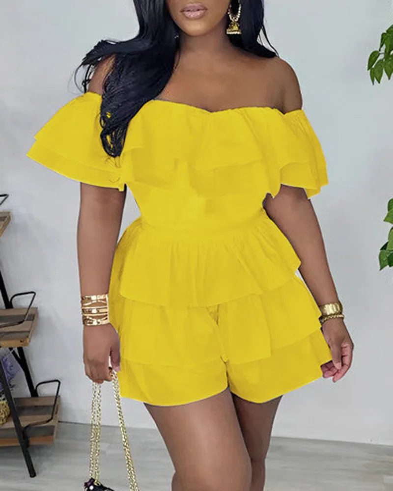 

Yellow Off-Shoulder Ruffled Waist-Tight One-Piece Shorts Women Summer Jumpsuit Tierred Slash Neck Solid Color
