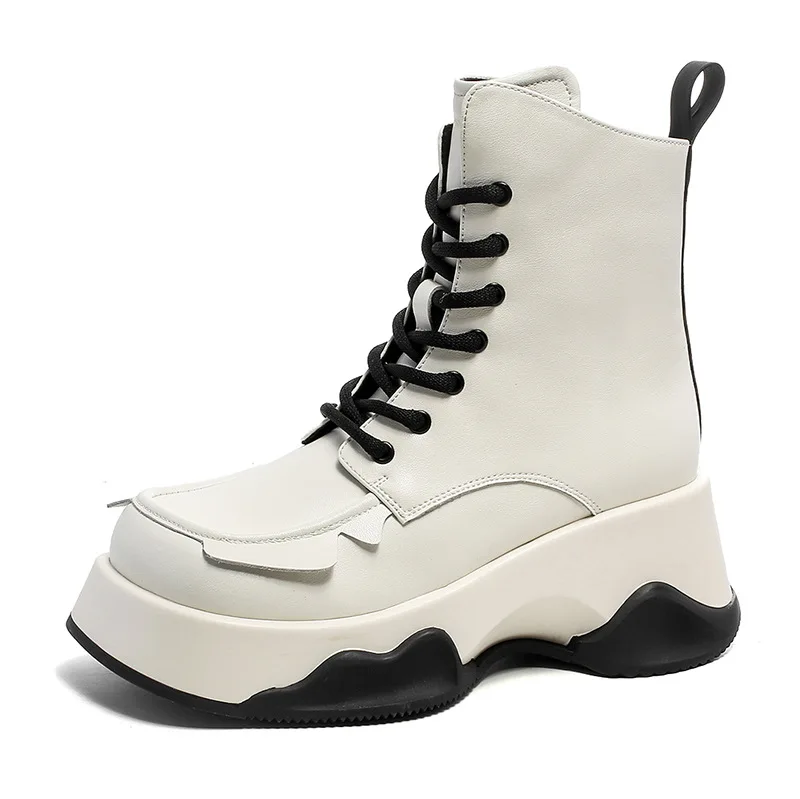 Square Toe British Style Boots Autumn Winter Platform Thick Sole Mid-calf Zipper Color Contrast Splicing Casual Short Boots