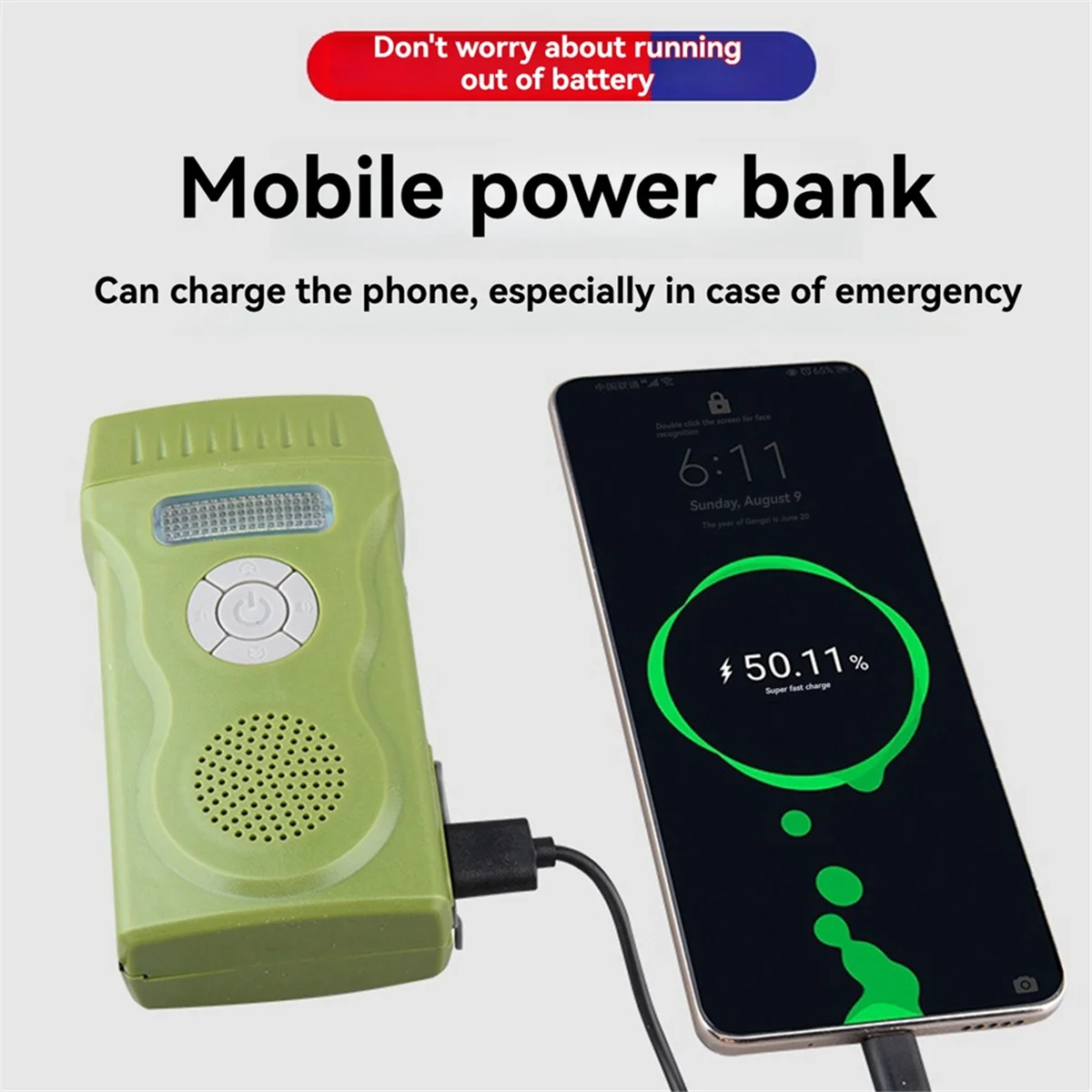 BAAU Multi Functional Hand-Powered Flashlight Outdoor Emergency Lighting Lamps with Radio Floodlight