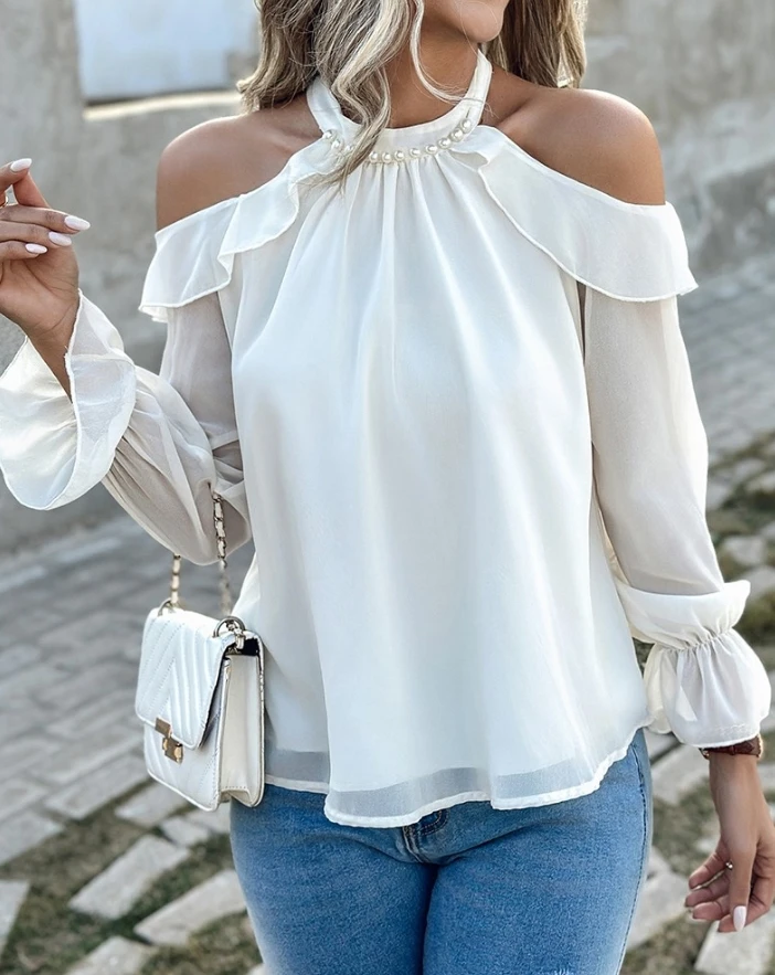 

Women's Fashion Blouse Pearls Decor Ruffles Cold Shoulder Top 2024 Spring/summer Latest Casual Long Sleeved Ruched Daily T-Shirt