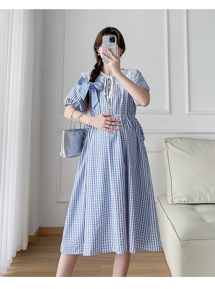 Blue 2024 Summer Maternity Clothes Ruffled Big Peter Pan Collar Short Sleeve Pregnant Woman Nursing Dress Pregnancy Plaid Dress