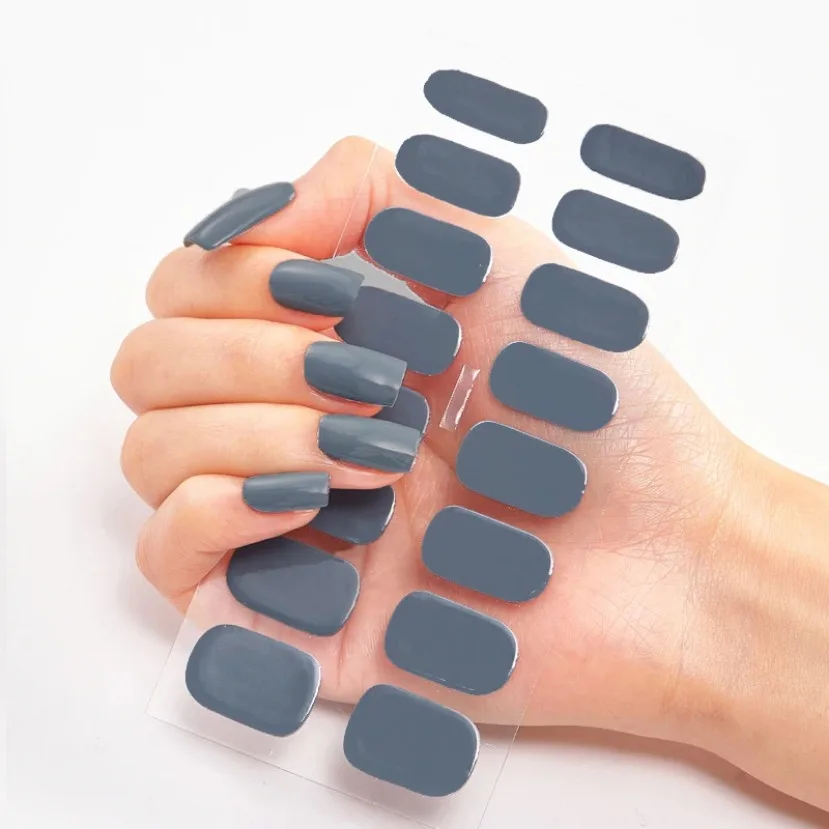 Nail Stickers 16Tips UV Semi-Cured Gel Nail Wraps Sticker 5D Pure Color Full Cover UV Lamp Gel Sticker Long-Lasting Nail Extension Patch Strip