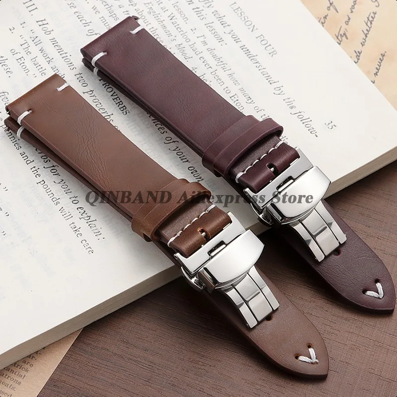 Stainless Steel Butterfly Clasp PU Leather Watchband - Soft Business Bracelet Strap in Black or Brown