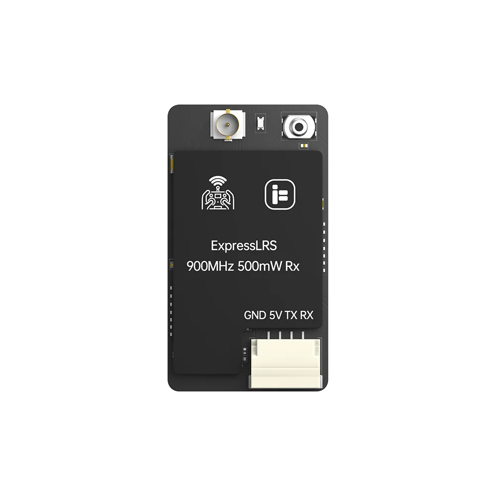 Vue rapprochée du récepteur ELRS iFlight haute puissance 500mW avec connecteurs et antenne télescopique
