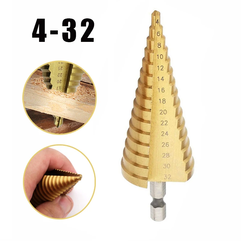 

4 -32mm HSS Titanium Coated Metal Hex Core Drill Bits High Speed Steel Step Drill Bit Set Cone Hole Wood Cutter Taper Metric