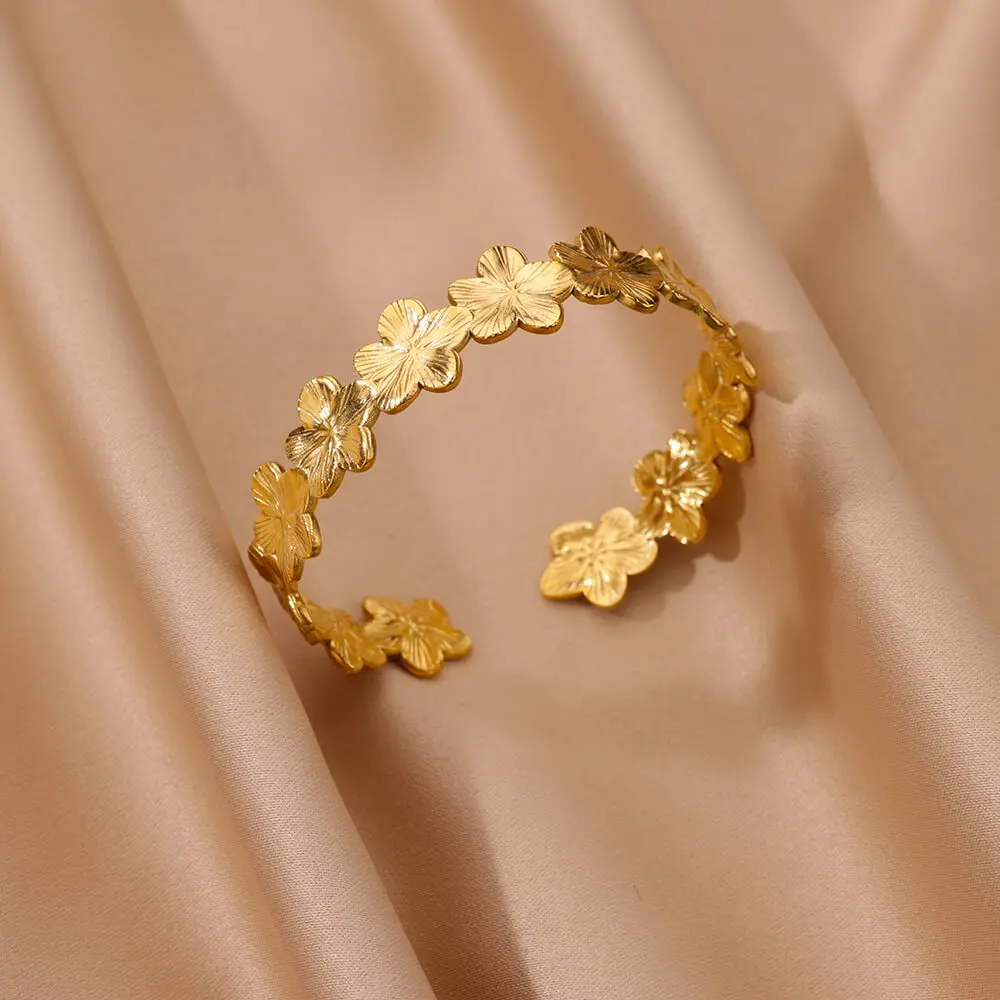 Flower Cuff Bracelet Bangle for Women Gold Color Flora Stainless