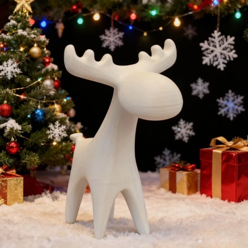 White Modern Minimalist Deer Statue – Elegant Small Stag Sculpture with Large Antlers, Cute Plastic Animal Decoration