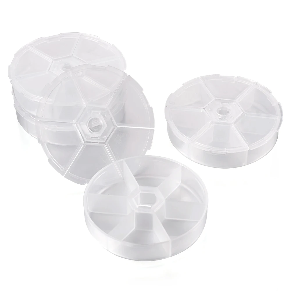 4Pcs White Round Plastic Bead Containers 6 Compartment Flip Top Bead Storage Box Packaging Jewelry Organizer