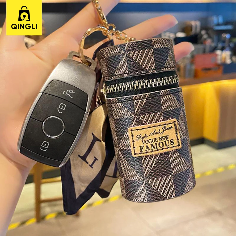 Trend Cylindrical Lipstick Coin Purse Women Portable Key chain Bag Pendant Fashion Checked Pattern Earphone Key Bag Mini Wallet