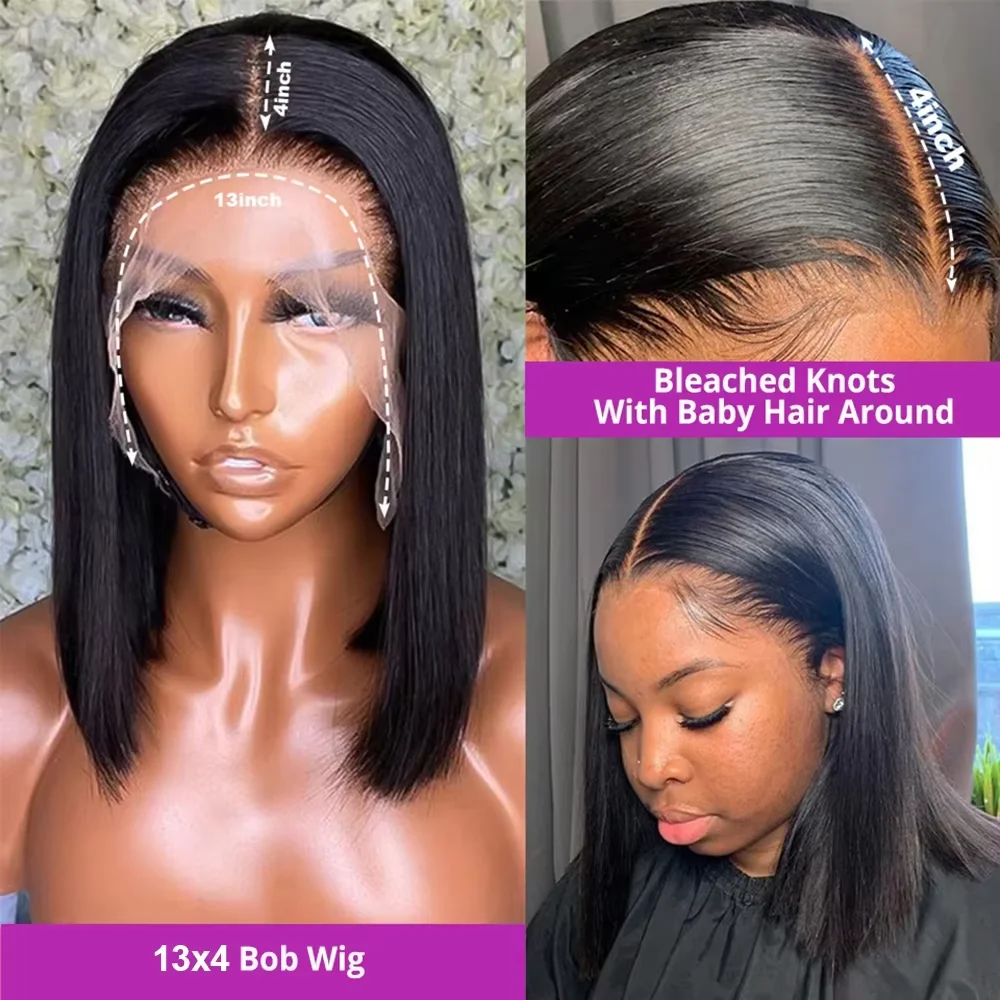 16 Inch Brazilian Straight Bob Wigs Human Hair Pre Plucked Transparent Lace Frontal Wig 220% Density 13x4 HD Lace Short Bob Wigs