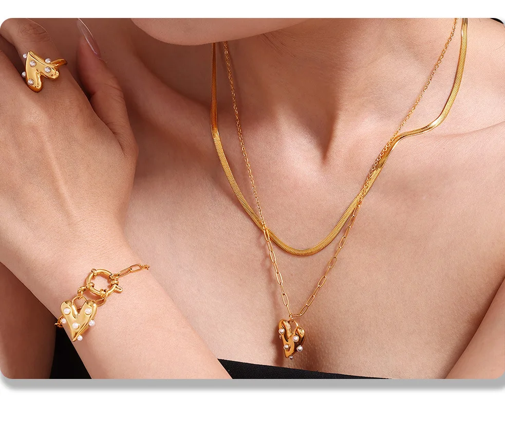 Imitationsperle Doppelschichten Herz Anhänger Halskette Armband Ohrringe Ring Set 4 Stück Damen Edelstahl vergoldet Schmuck – Detail 5