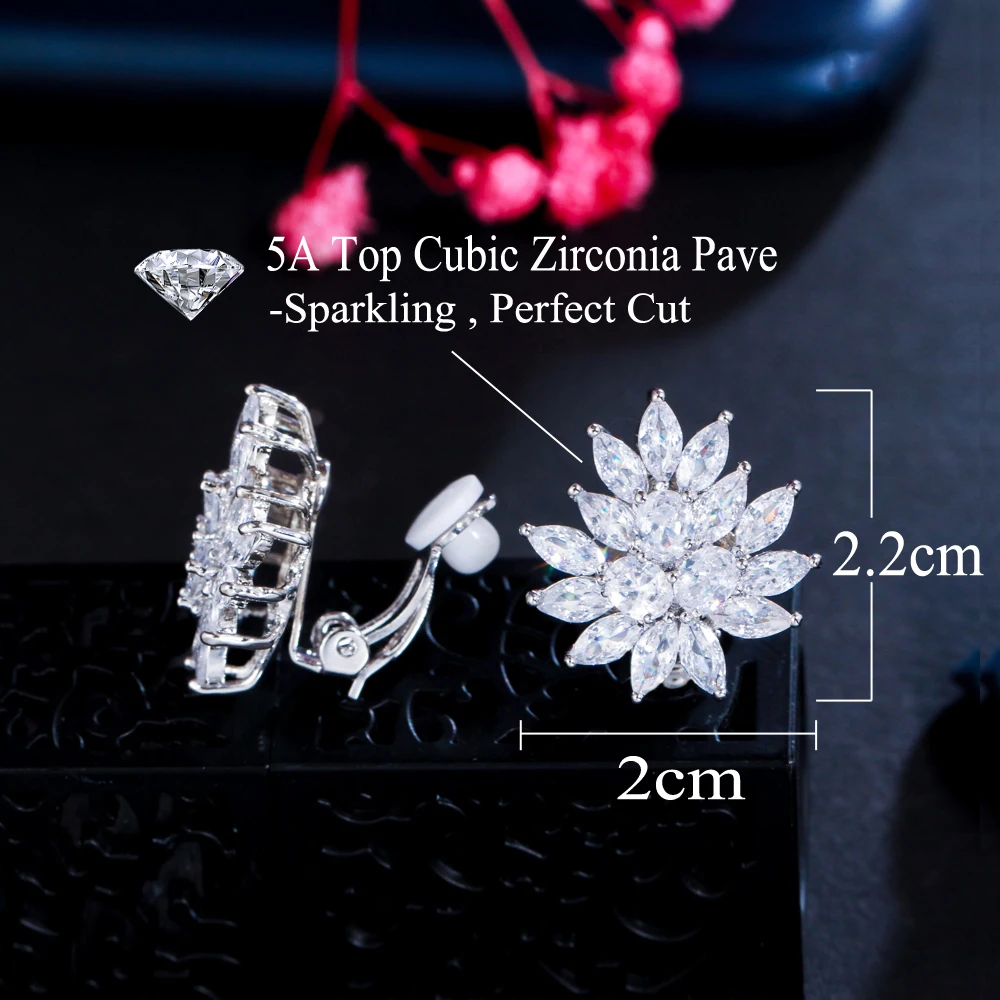 CWWZircons New Designer Flower Shape Stunning Cubic Zirconia Crystal Women Ear Clip on Earrings Without Piercing CZ196 4