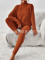 Two Piece Set Women Outfit 2023 Winter New Fashion Casual Solid High Neck Knitted Stripe Long Sleeve Pants Set Female Clothing
