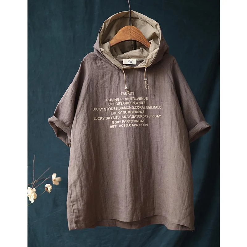 Women Summer New Hooded Collar Pullover Fashion Artistic Style Drawstring Printed T-shirt Loose and Versatile Short Sleeved Tops