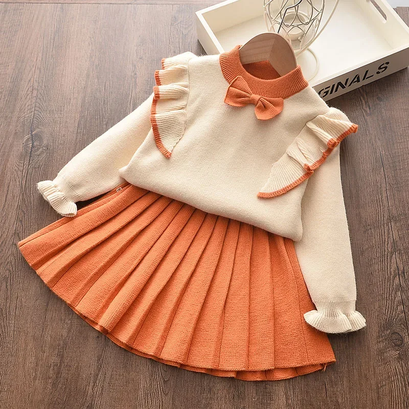 

Menoea Girl Fly Sleeve Sweater Sets 2023 Children Winter Dress Solid Color Tops Girls Dress Sweater Knitwear Kids Clothes Suits