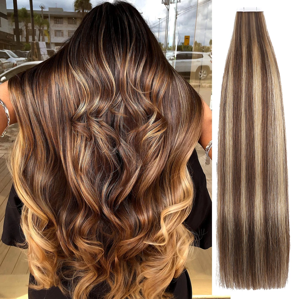 YGP 20pcs Tape In Hair Extensions Human Hair P4/27 Silky Seamless Invisible Remy Extensions for Women/Girls