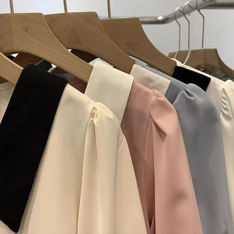 여성용 인형 칼라 대비 쉬폰 셔츠, 반팔 풀오버, 스타일리시 동안 감소, 기질 셔츠 상의, 여름 신상